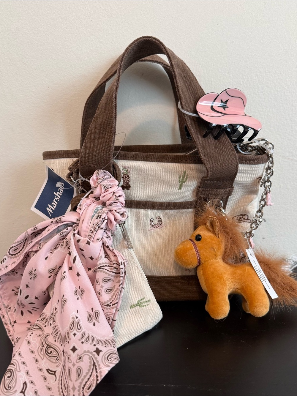 Madden Girl Brown and Pink Canvas Tote with Pony Charm